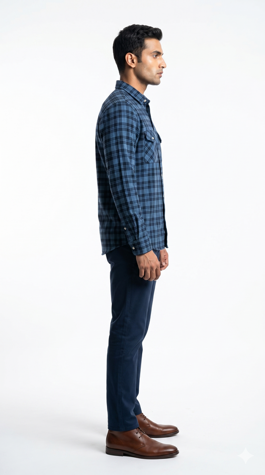 Men's Casual Indigo Blue Checkered Flannel Shirt