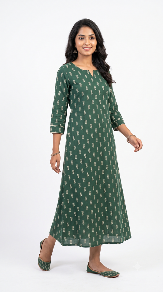 Bottle Green Floral Print Anarkali Kurti
