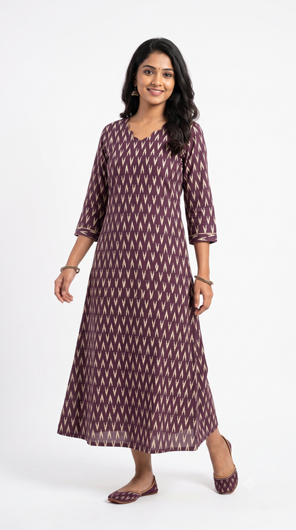 Wine Purple Ikat Print Anarkali Kurti