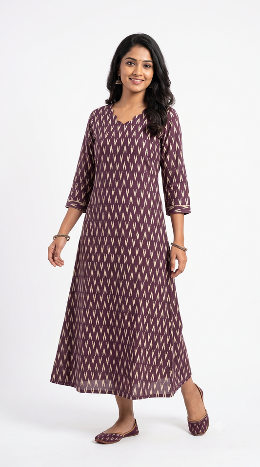 Wine Purple Ikat Print Anarkali Kurti