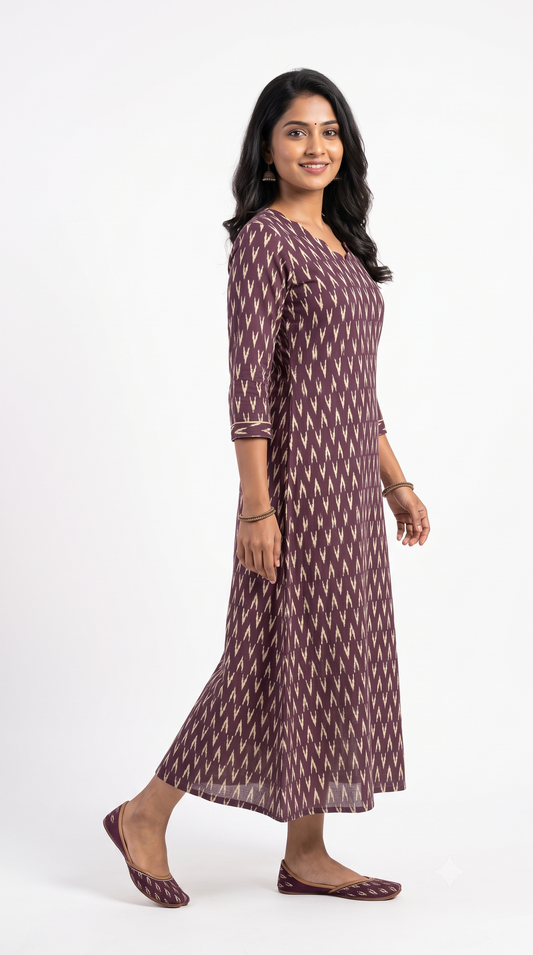 Wine Purple Ikat Print Anarkali Kurti