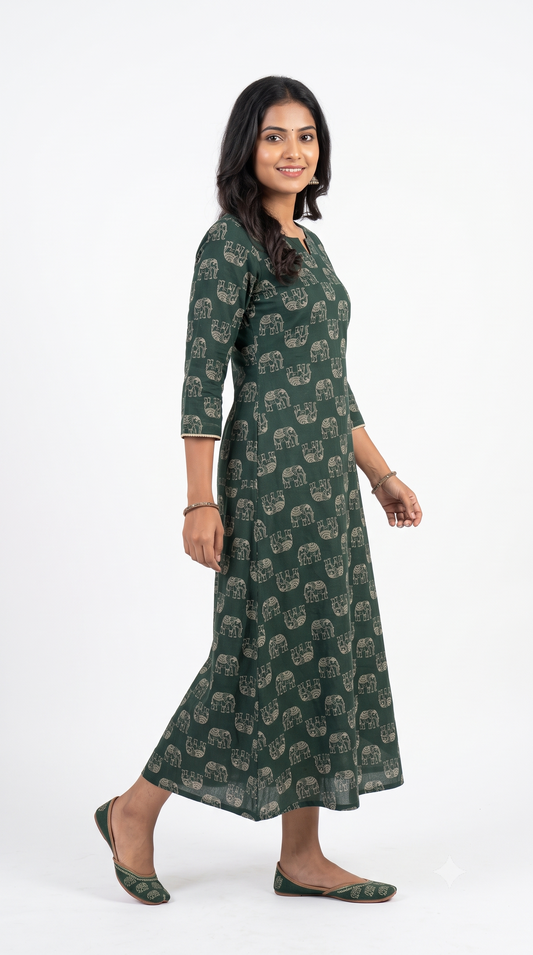 Dark Green Elephant Print Anarkali Kurti
