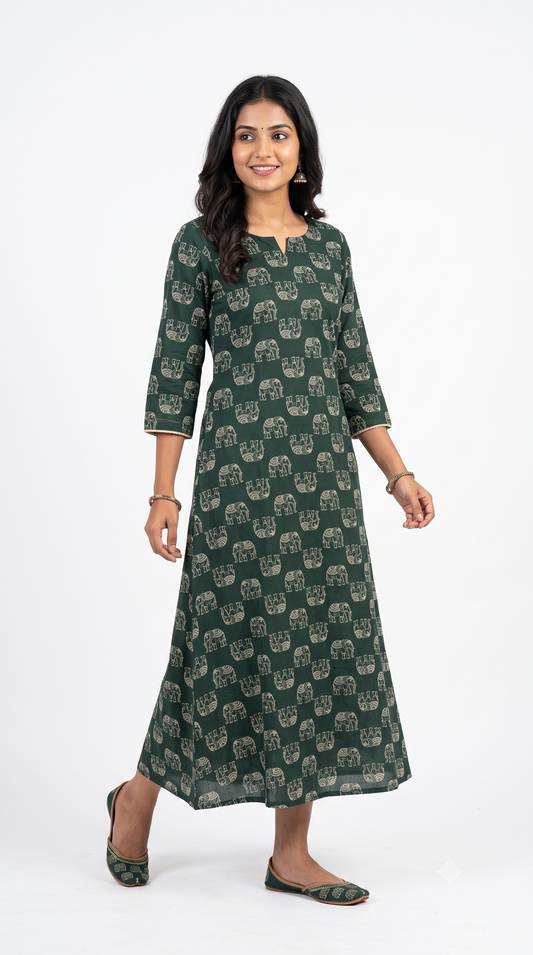 Dark Green Elephant Print Anarkali Kurti