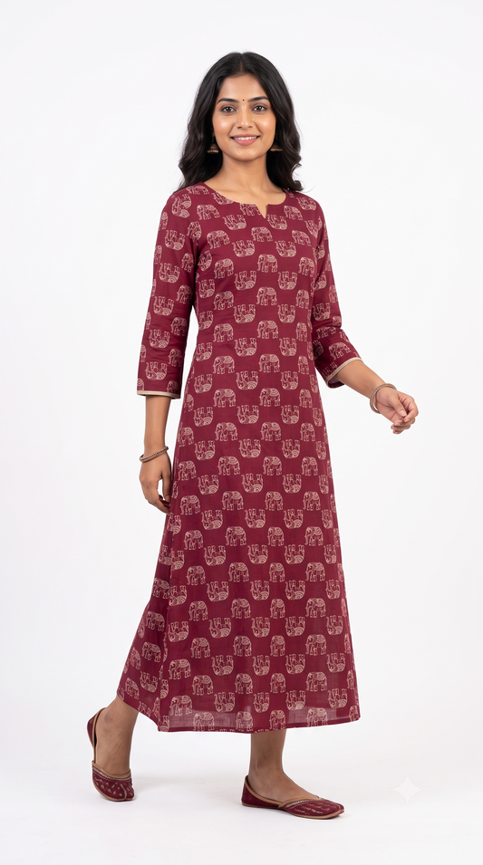 Maroon Elephant Print Anarkali Kurti for Women