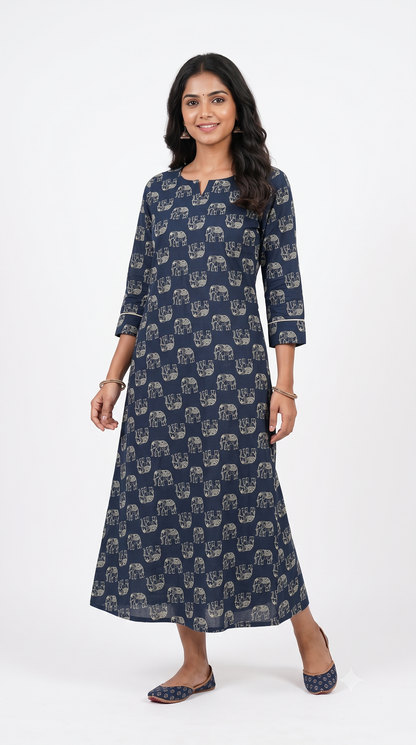 Navy Blue Elephant Print Anarkali Kurti for Women