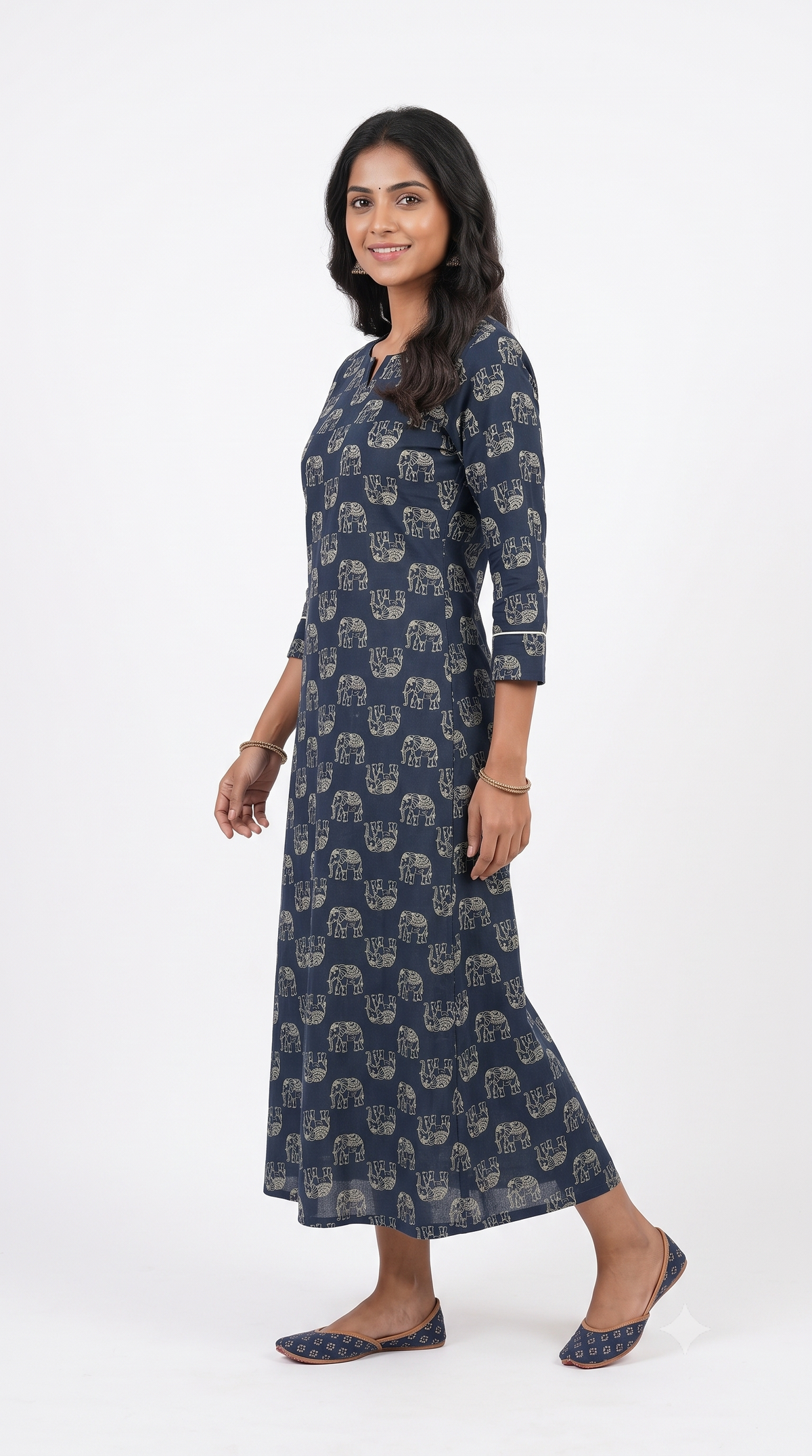 Navy Blue Elephant Print Anarkali Kurti for Women