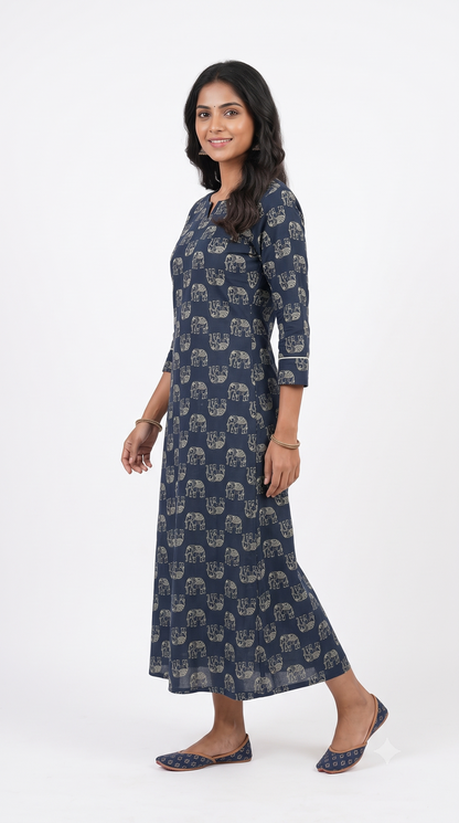 Navy Blue Elephant Print Anarkali Kurti for Women