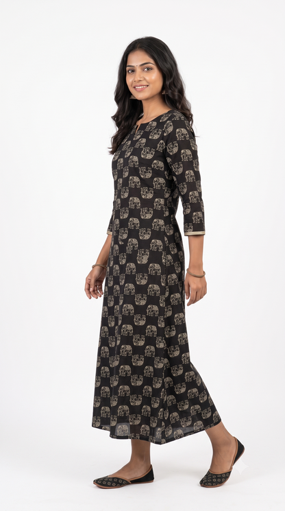 Black Elephant Print Anarkali Kurti for Women