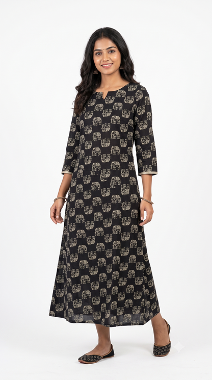 Black Elephant Print Anarkali Kurti for Women