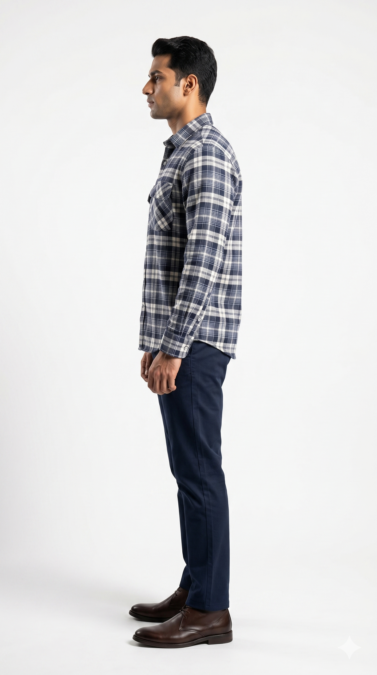 Men's Navy Blue white Plaid Flannel Shirt