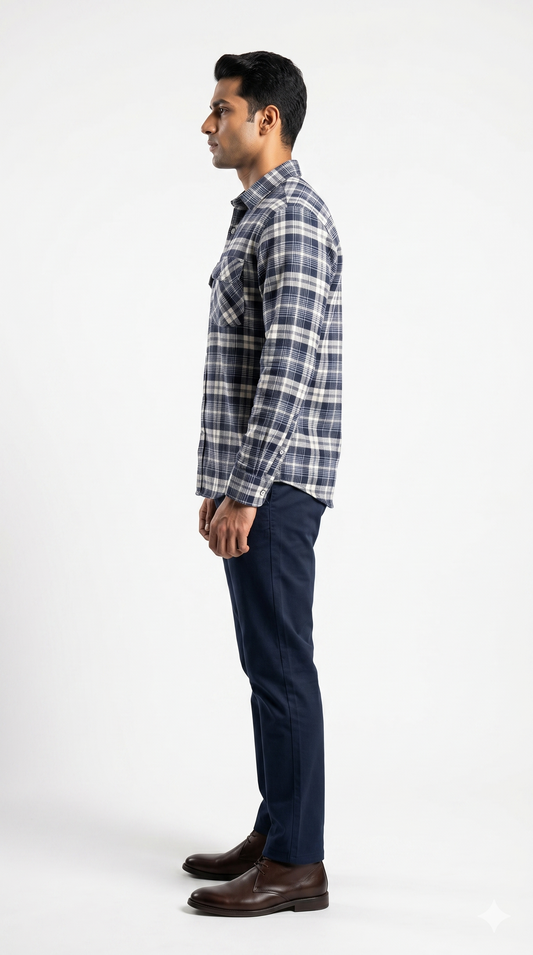 Men's Navy Blue white Plaid Flannel Shirt