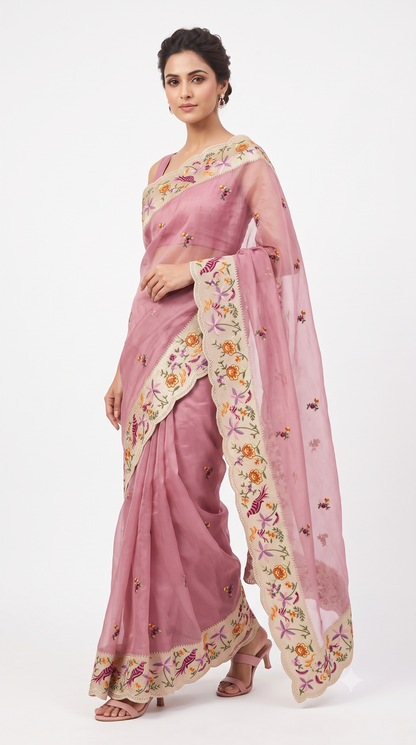 Dusty Mauve Sheer Organza Saree with Bird & Floral Scalloped Embroidery