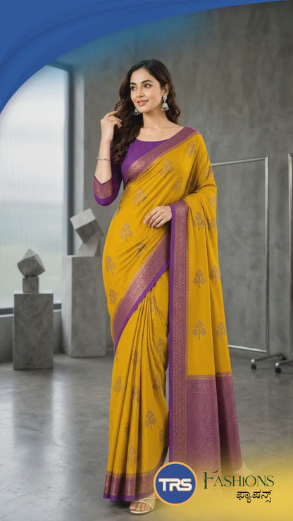 Crepe-Yellow Purple Saree