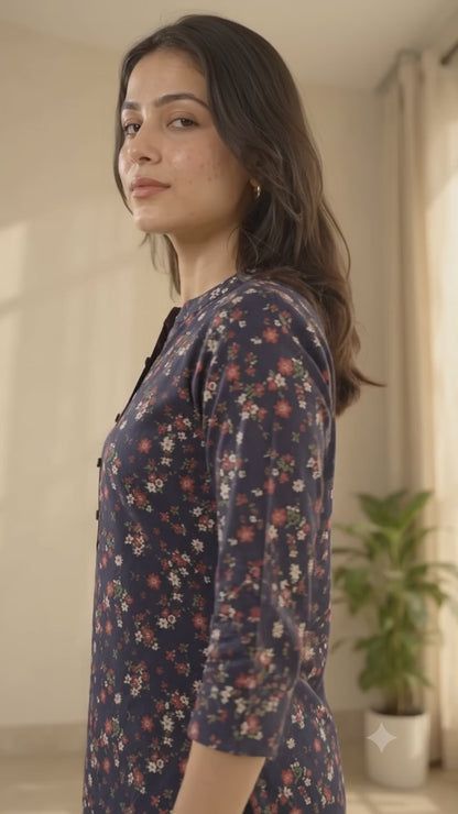 Women Deep Indigo Blue Floral Printed Straight Kurta