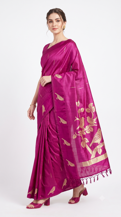 Magenta Purple Raw Silk Saree with Heritage Bird Zari Motifs