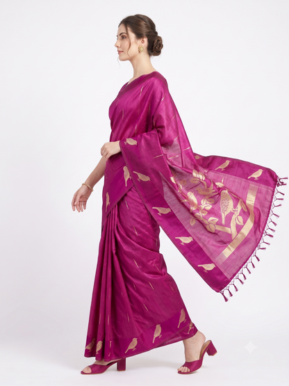Magenta Purple Raw Silk Saree with Heritage Bird Zari Motifs