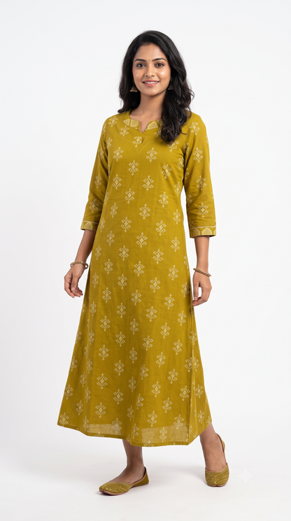Mustard Yellow Ethnic Print Anarkali Kurti for Women